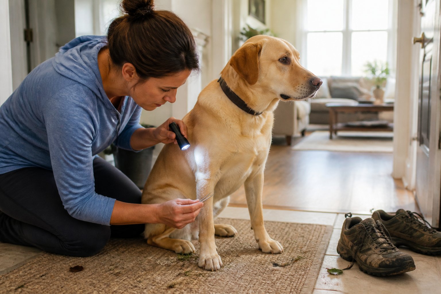 An adult checks a dog for ticks in a home entryway beside outdoor shoes and an entry mat.