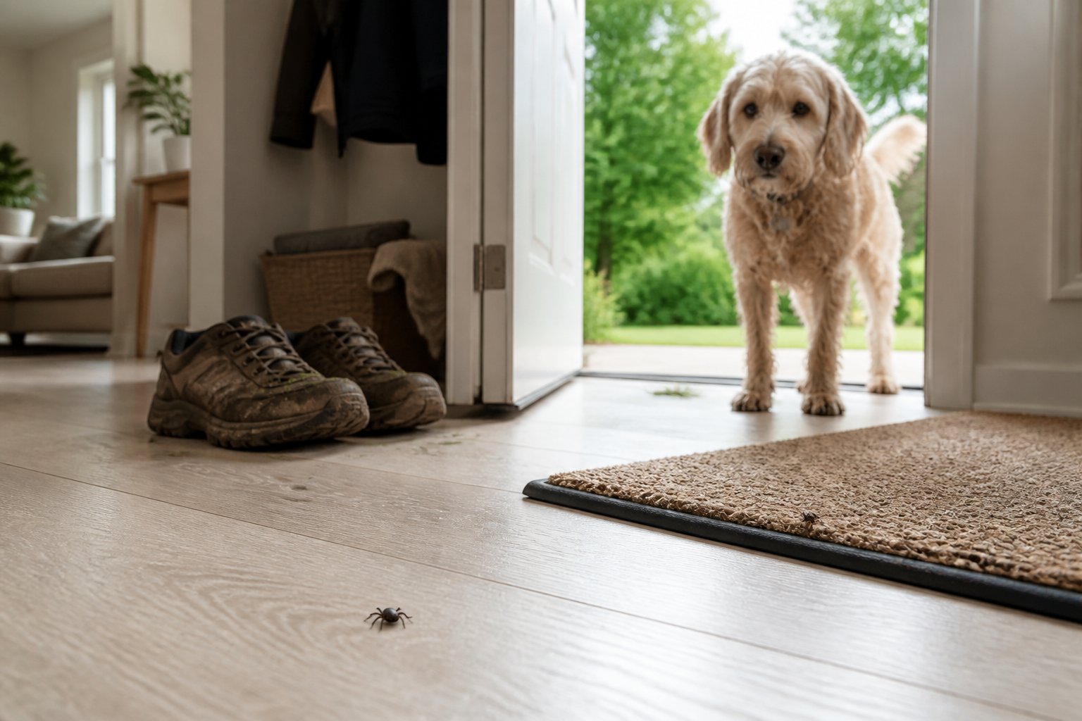 A tick on the floor near an open home entrance, with a dog, shoes, and a doormat nearby.