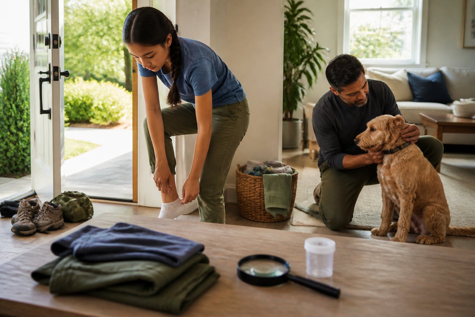 An adult checks clothing and a dog for ticks in a bright home entryway after outdoor activity.