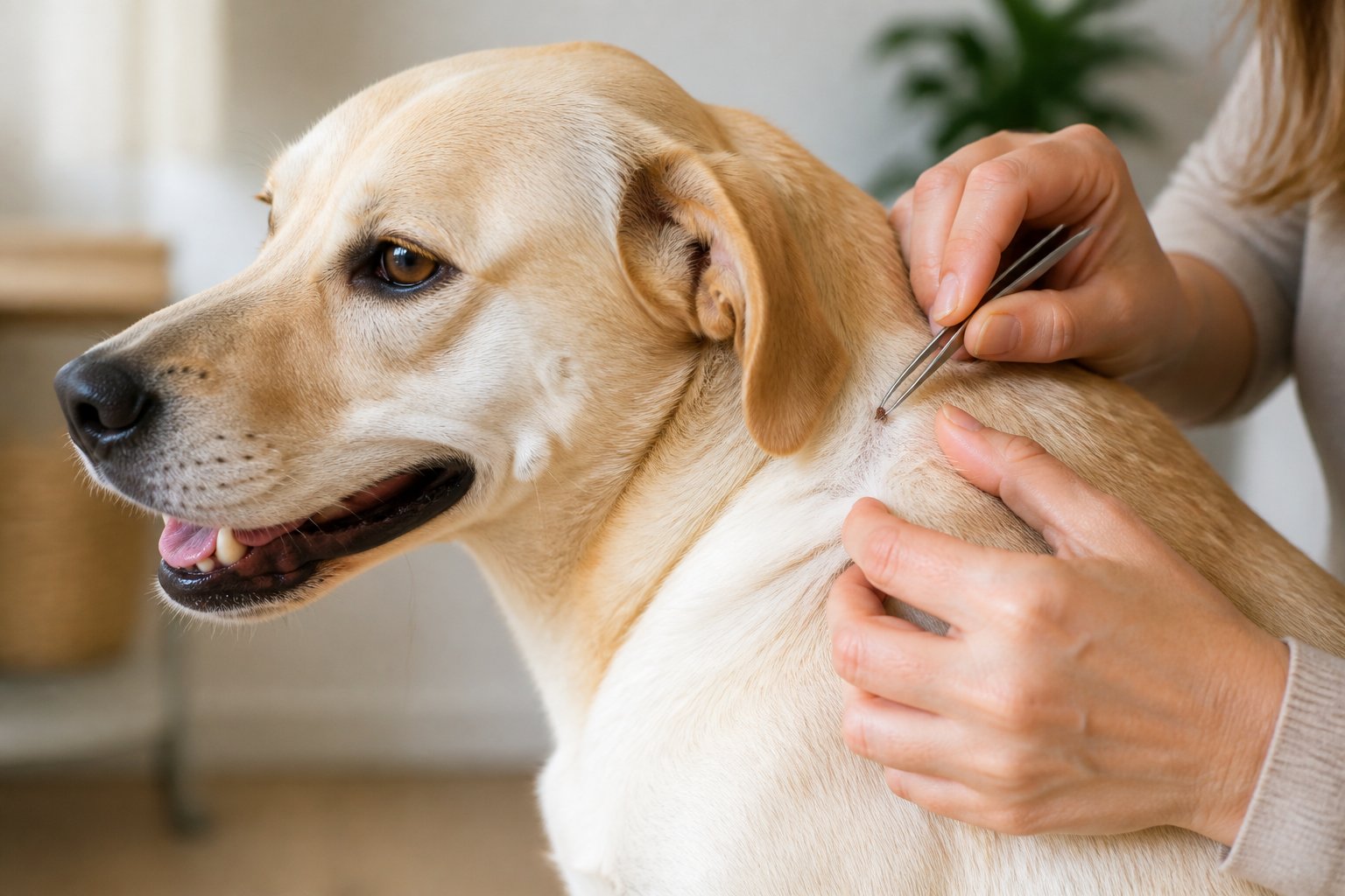 A pet owner carefully removes a tick from a relaxed dog using tweezers.