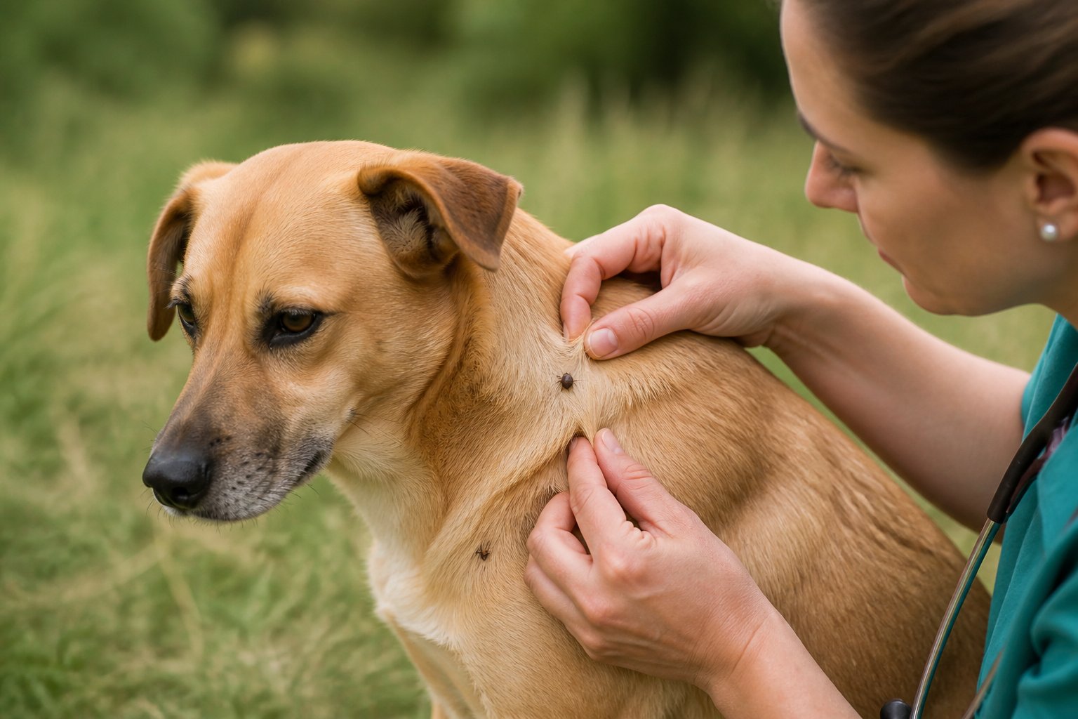 A veterinarian examines a dog’s fur for ticks outdoors.