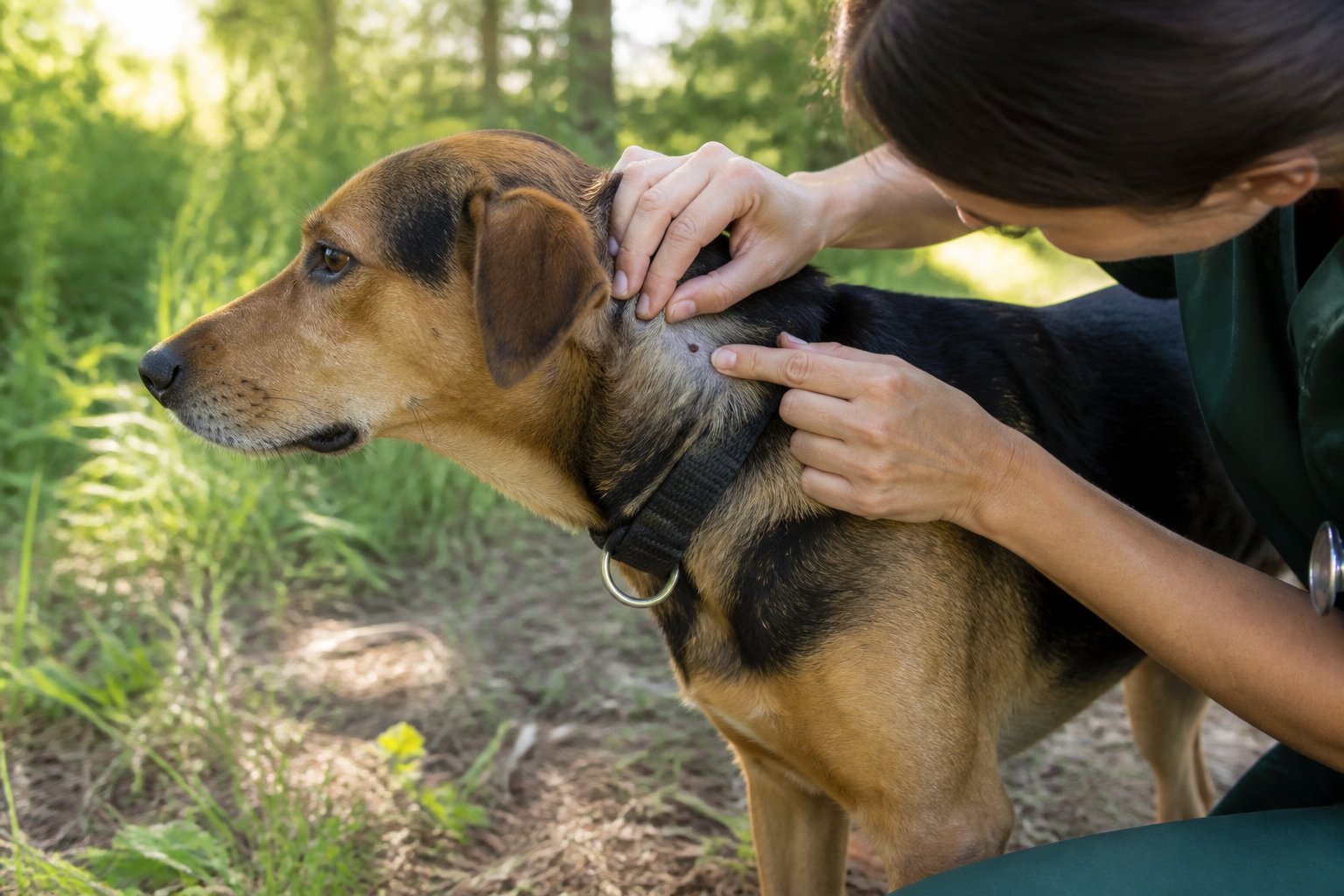 A veterinarian checks a dog’s fur for ticks outdoors near tall grass and woodland.