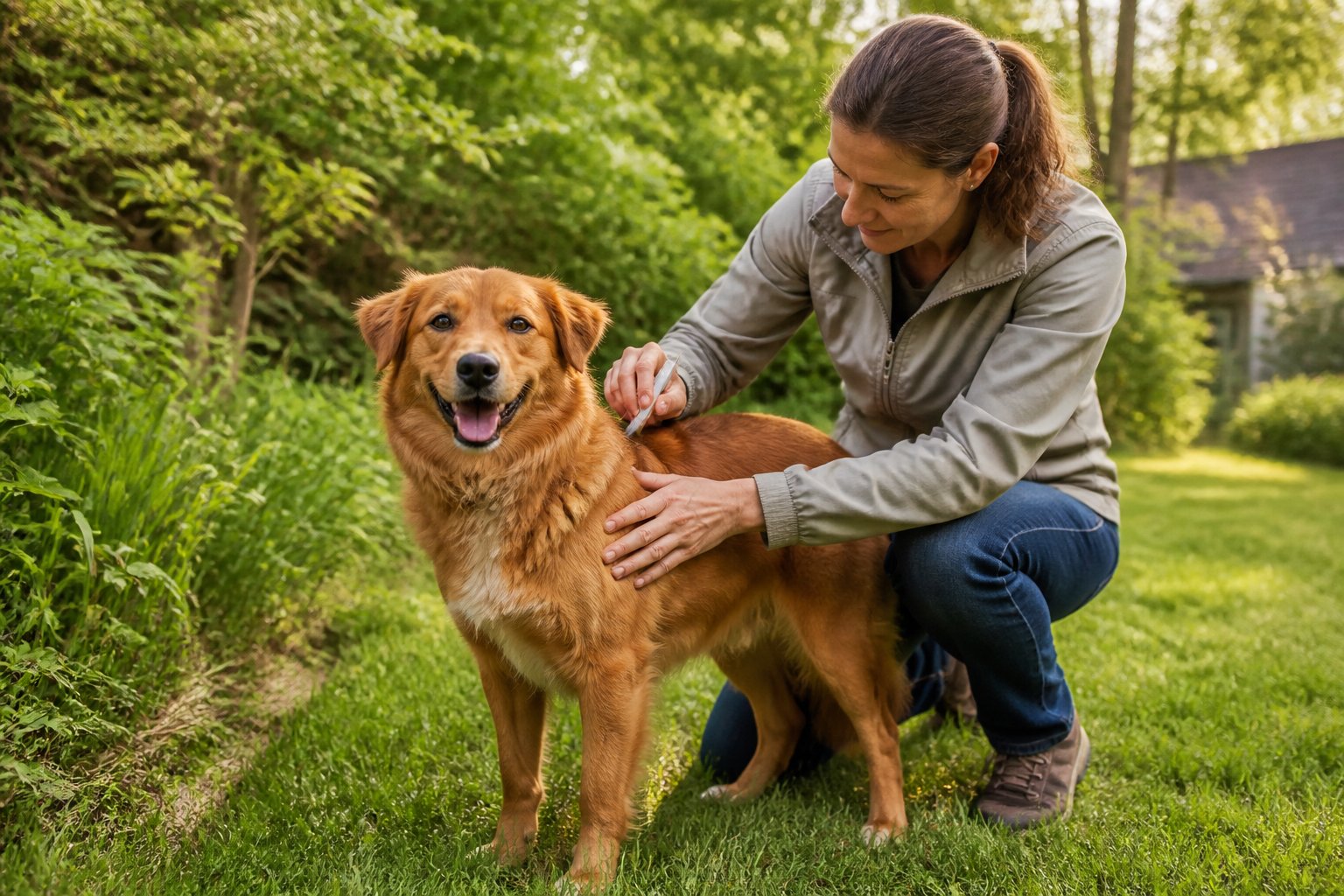 A pet owner checks a dog’s fur outdoors for ticks.