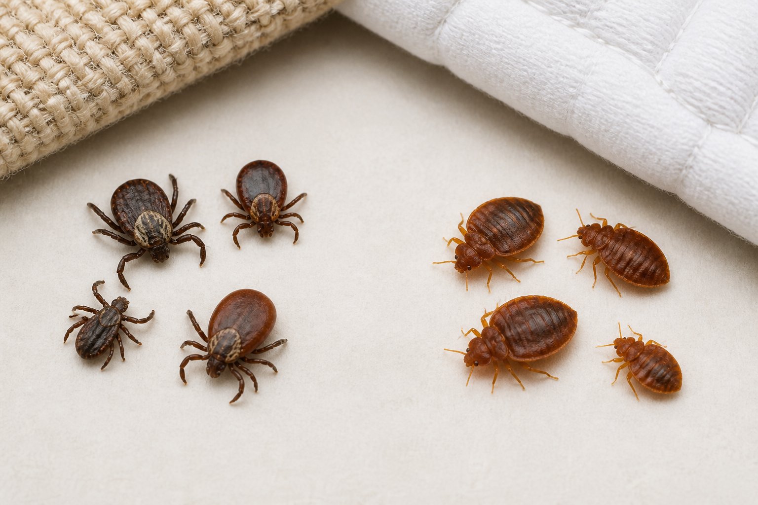Ticks and bed bugs arranged side by side for visual comparison on a neutral surface.