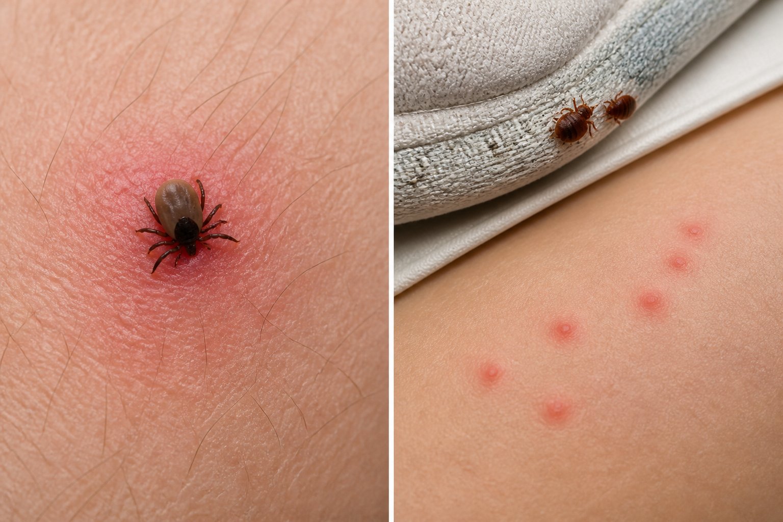A split comparison showing a tick attached to irritated skin and bed bugs near a mattress seam with mild bite marks.