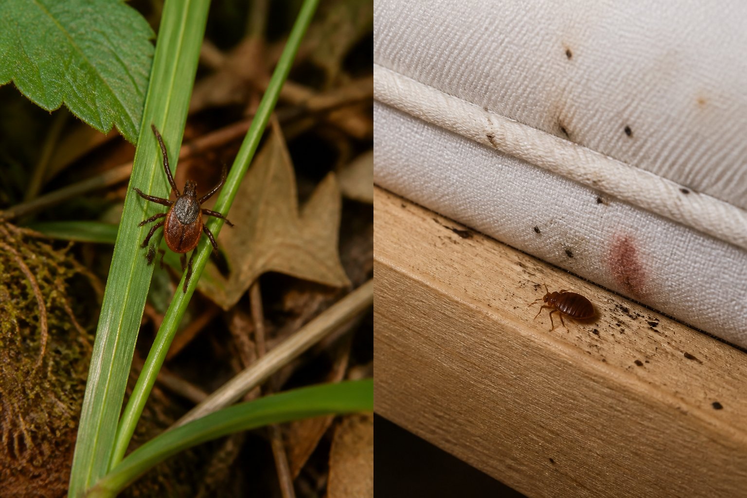 A tick on outdoor grass beside a bed bug near a mattress seam with subtle signs of infestation.