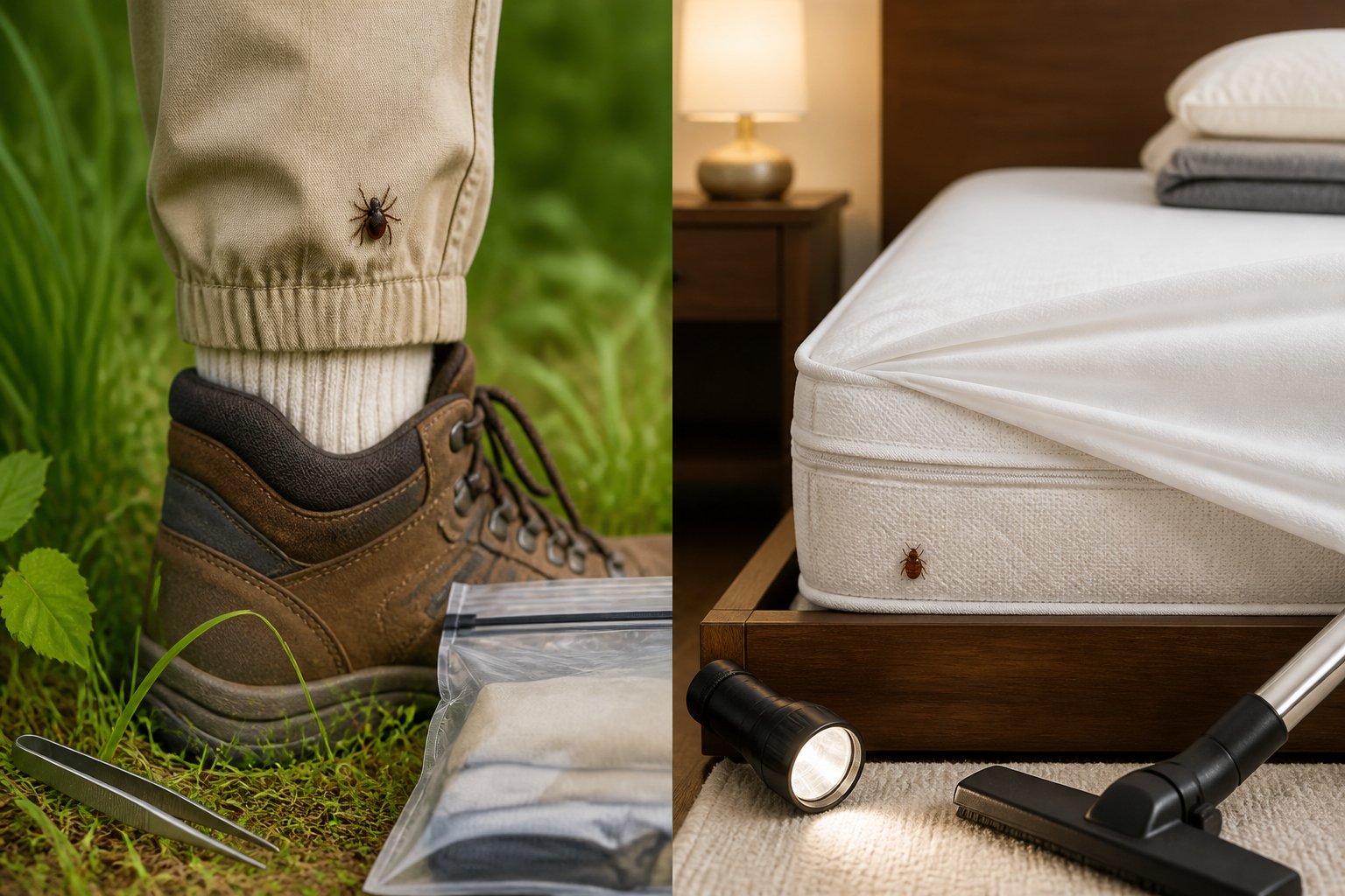 A split scene shows tick prevention outdoors with hiking clothing and grass, alongside bed bug control items arranged around a bedroom mattress.