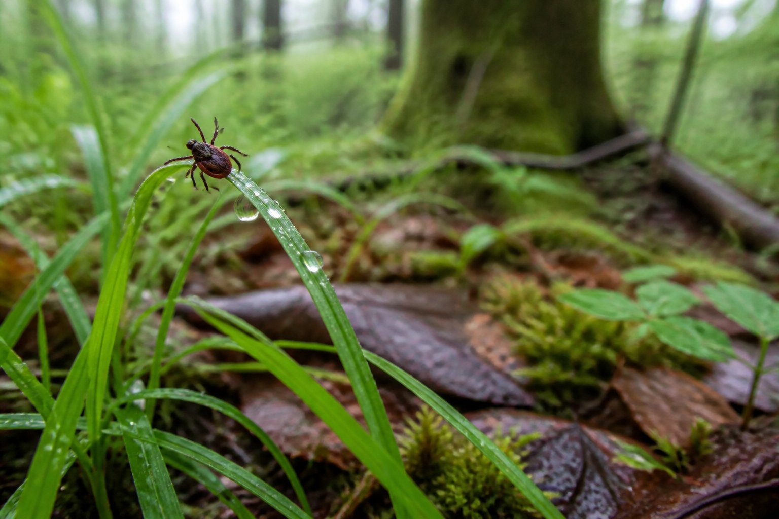 A tick rests on a dewy blade of grass in a damp, leafy woodland.