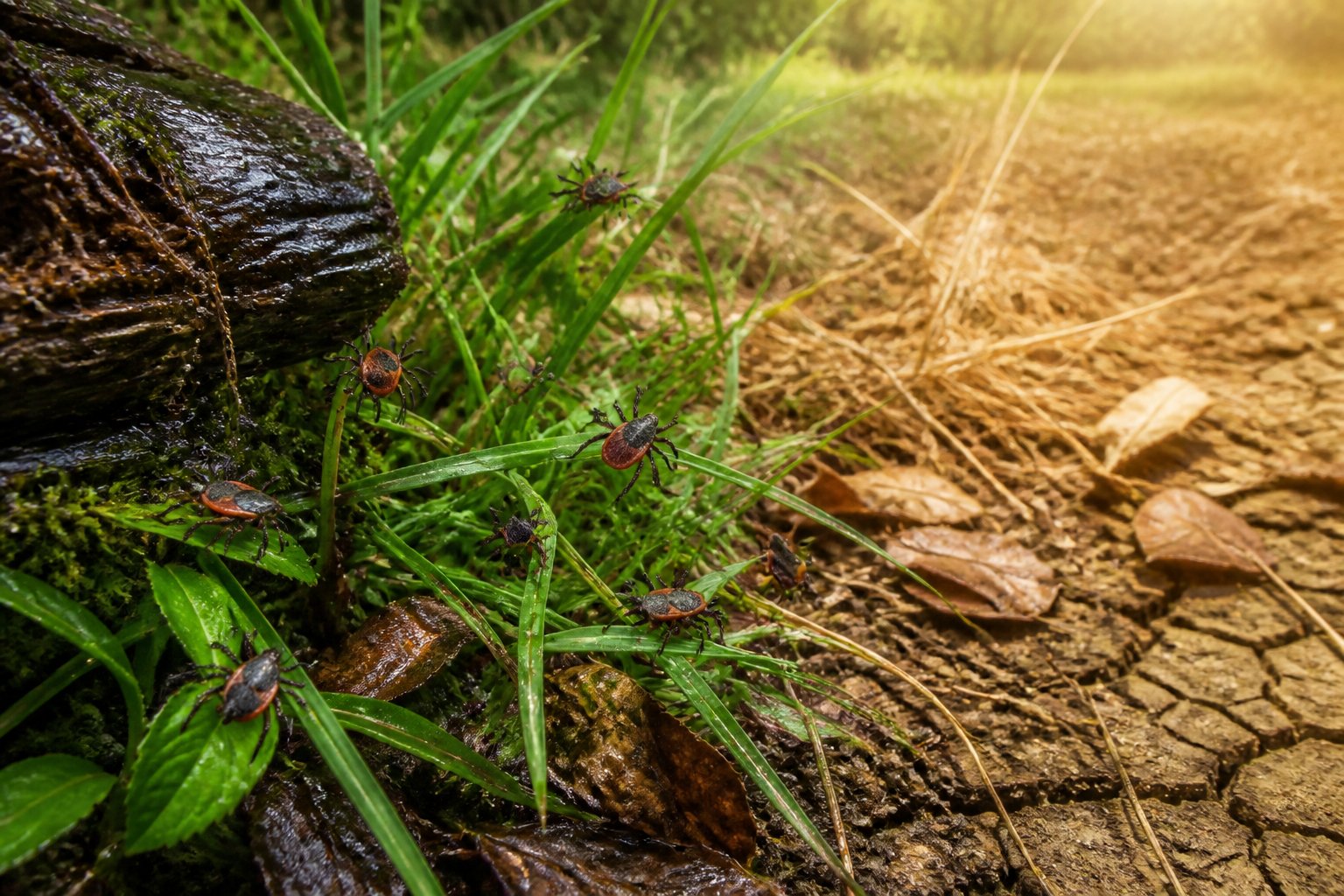 Ticks on damp grass and leaf litter beside a dry, cracked woodland habitat.