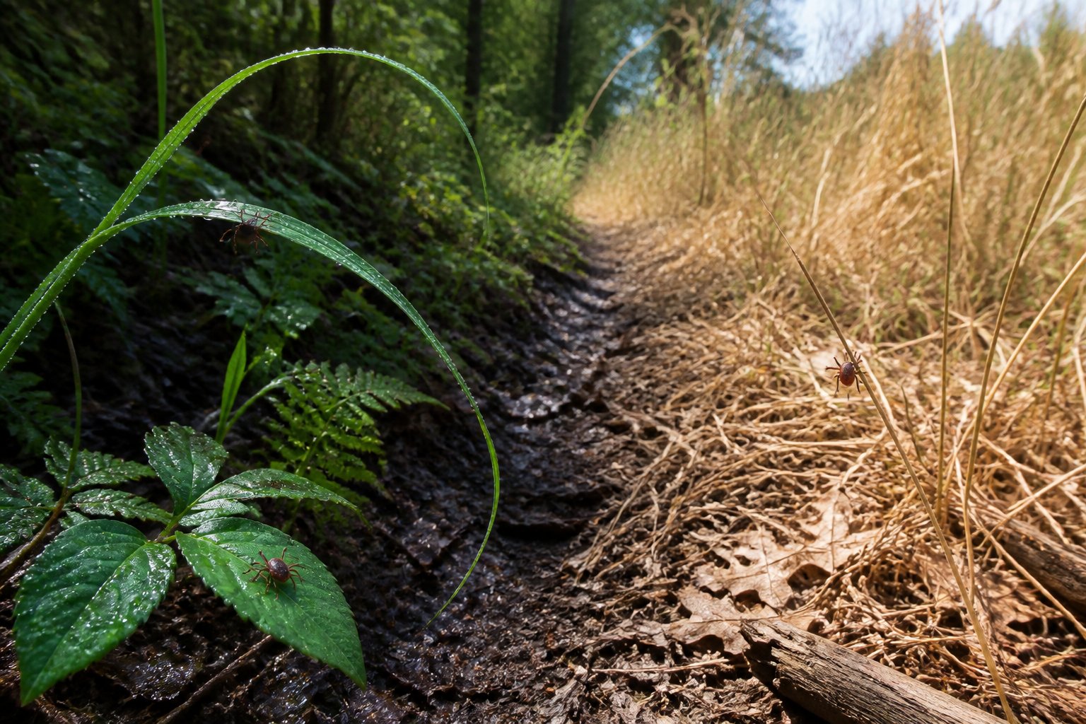 Ticks are visible on vegetation in both a damp shaded woodland area and a dry sunny grassy area.