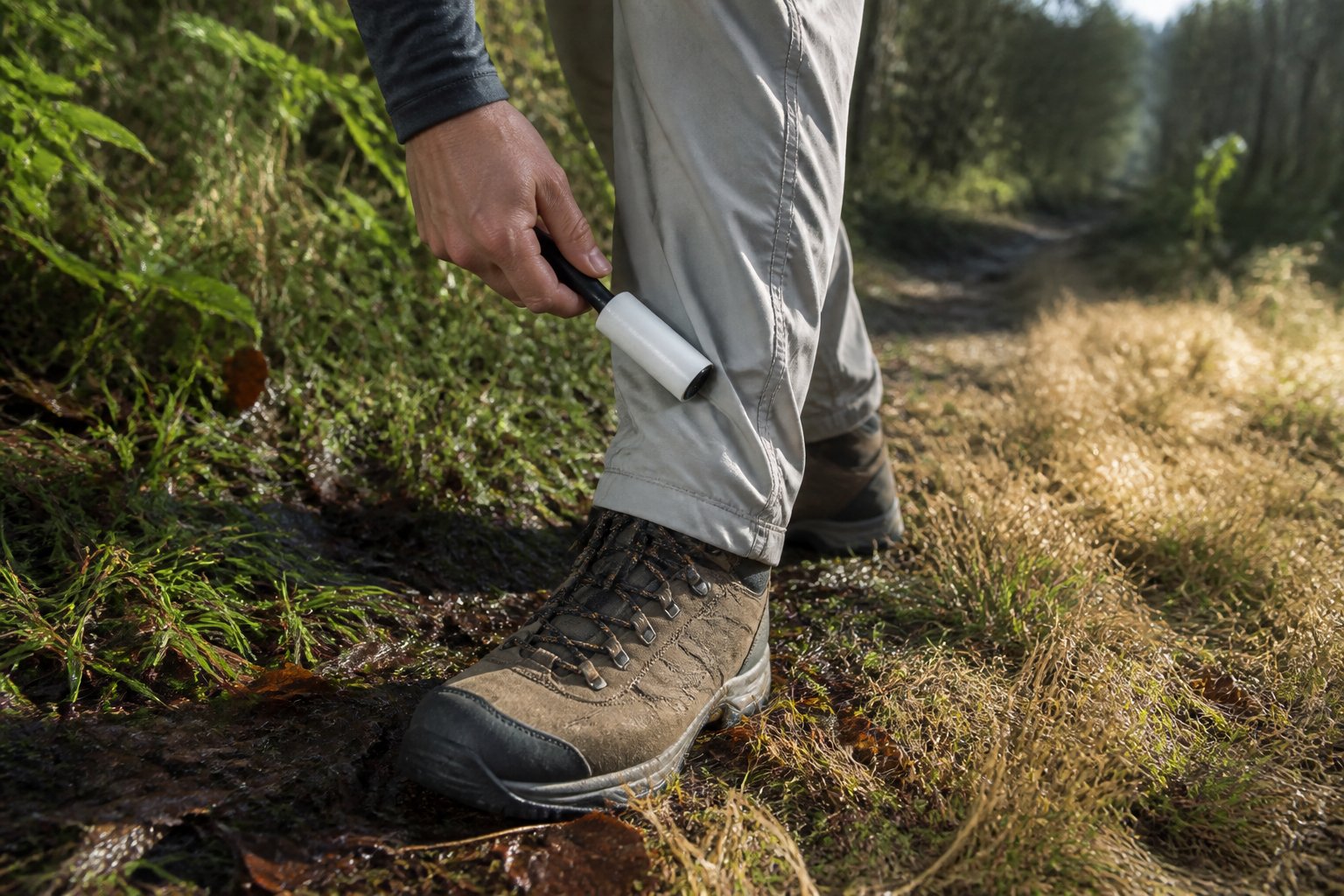 A person checks their hiking pants and boots beside a trail with both damp and dry grass.