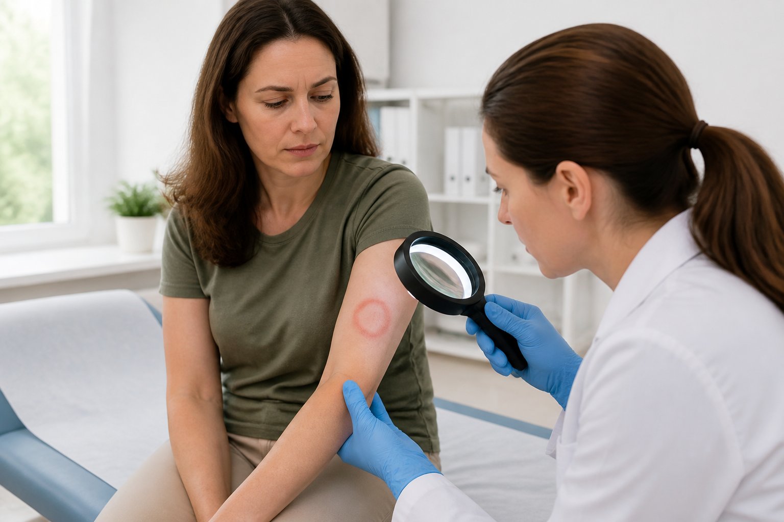A concerned adult has a reddened circular rash on their forearm examined by a healthcare professional in a clinic.