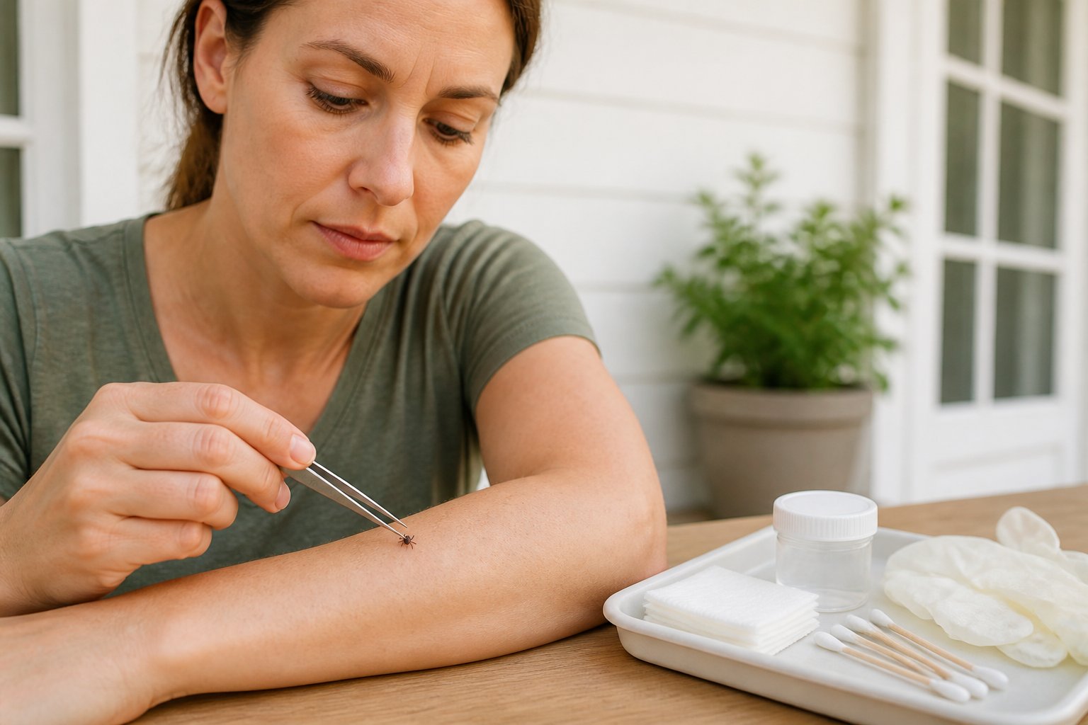 A person uses fine-tipped tweezers to remove an attached tick from an arm beside basic cleaning supplies.
