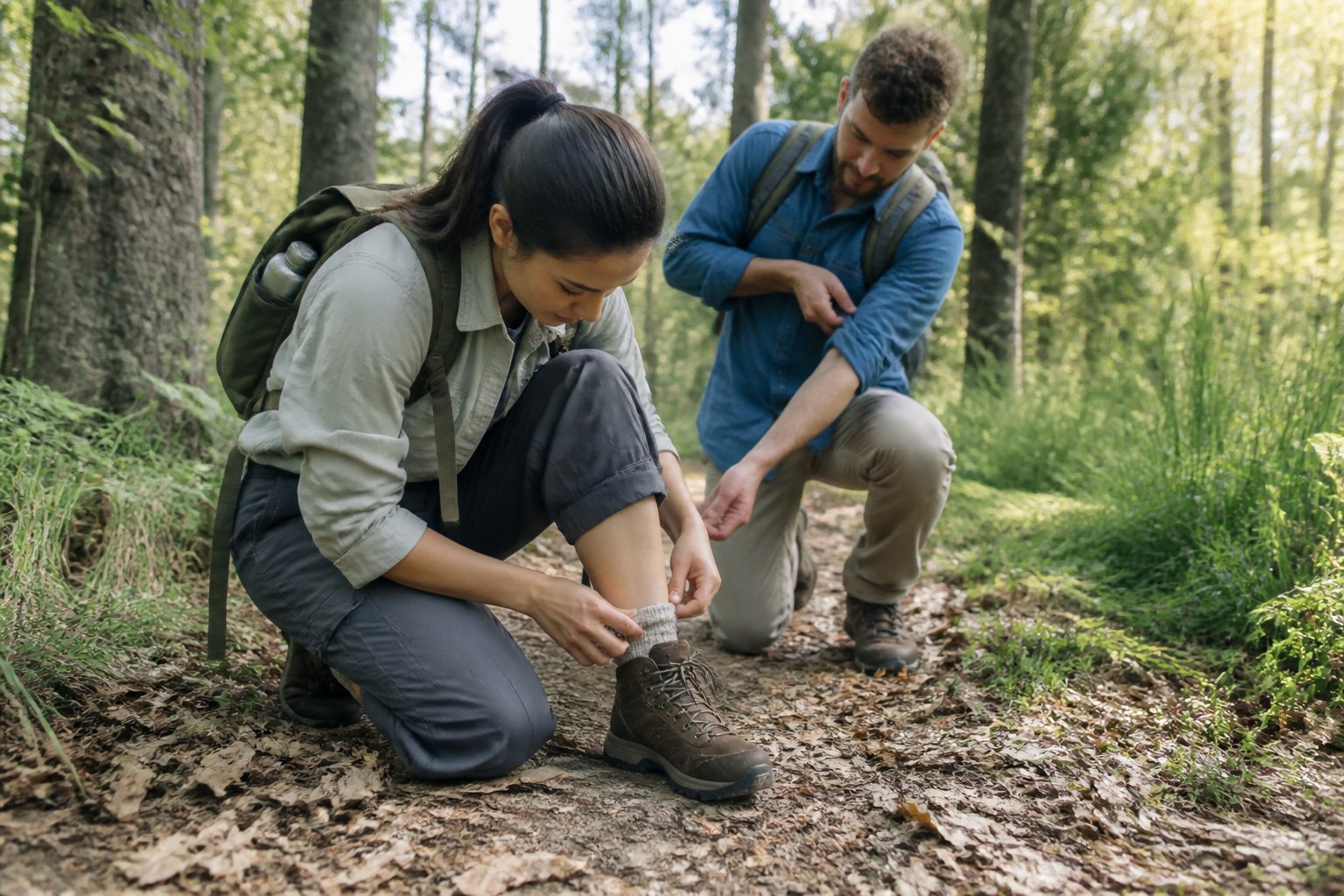 Hikers on a wooded trail checking their clothing and lower legs for ticks.