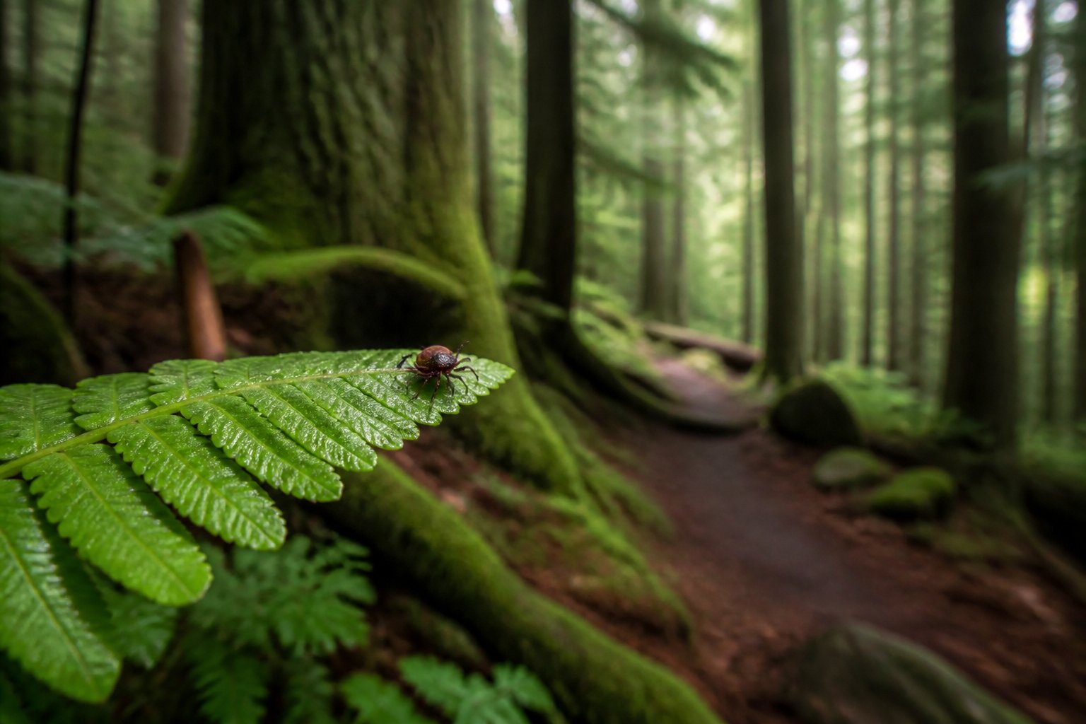 A tick rests on a fern leaf in a lush Oregon forest.