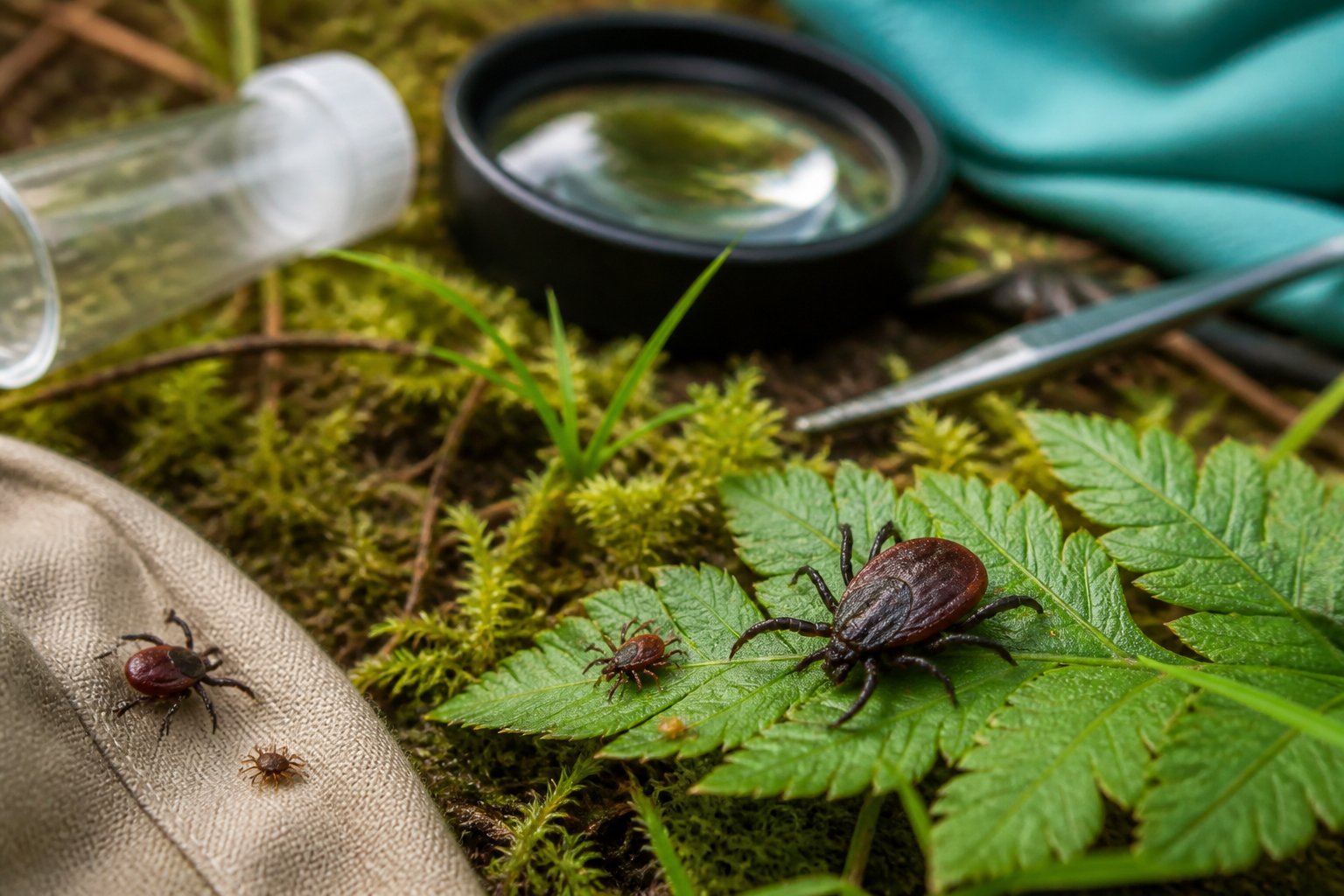 Several ticks at different life stages on moss and vegetation beside field sampling tools in an Oregon forest setting.