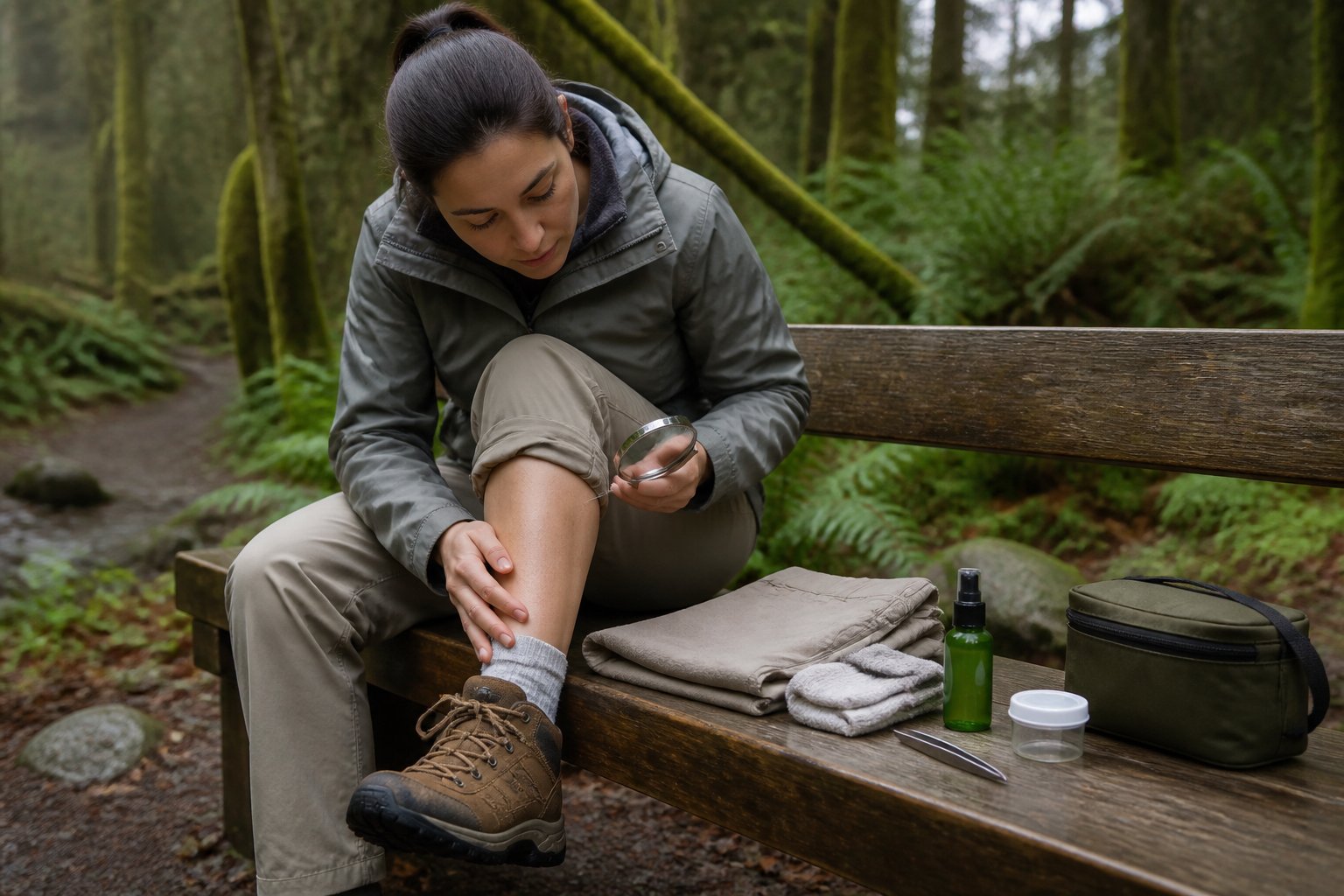 Hiker checking their leg for ticks beside an Oregon forest trail with tweezers, repellent, and first-aid supplies nearby.