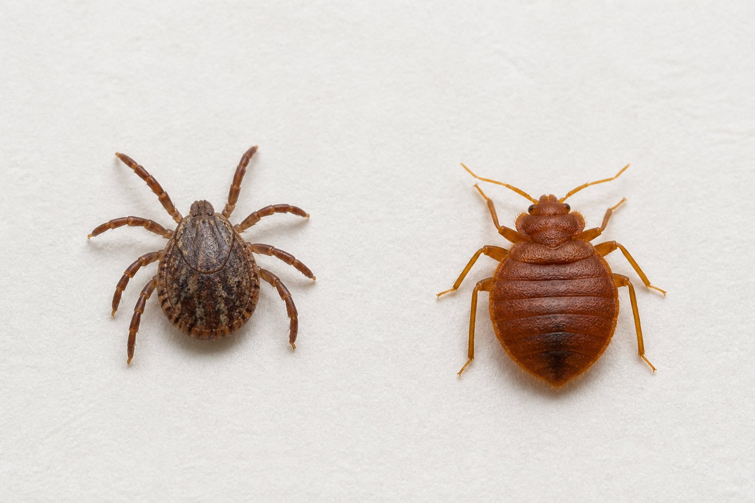 A tick and a bed bug shown separately on a light surface for comparison.