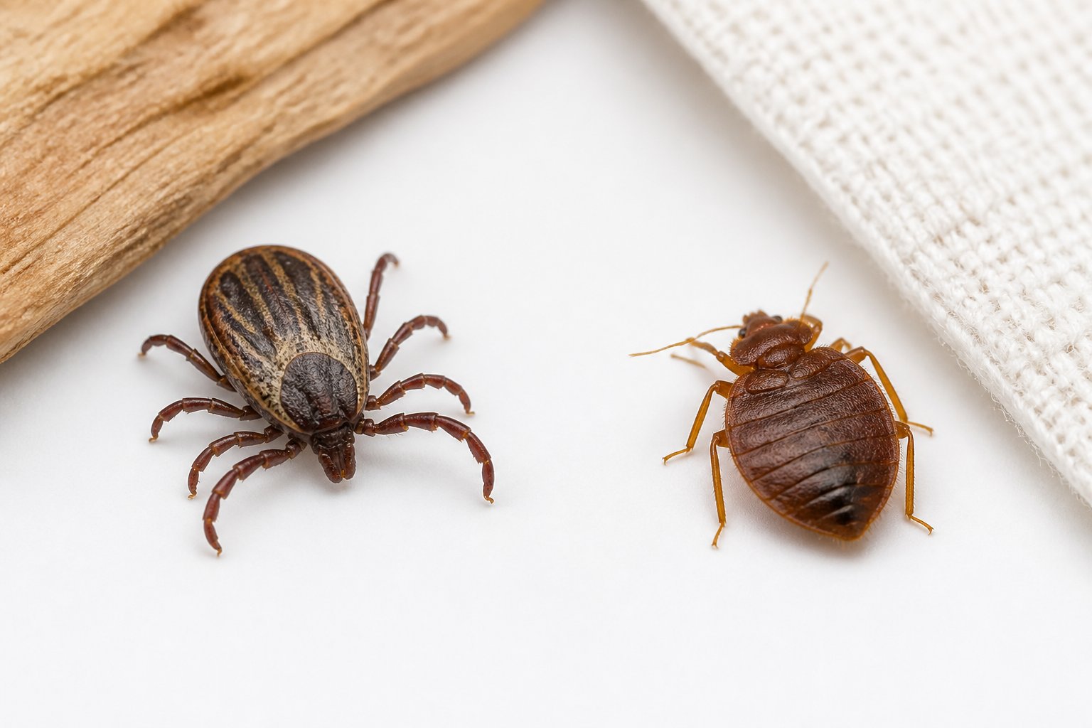 A magnified tick and bed bug shown side by side on a clean surface.