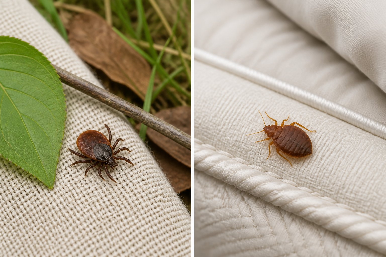 A tick and a bed bug shown separately beside outdoor foliage and a mattress seam.