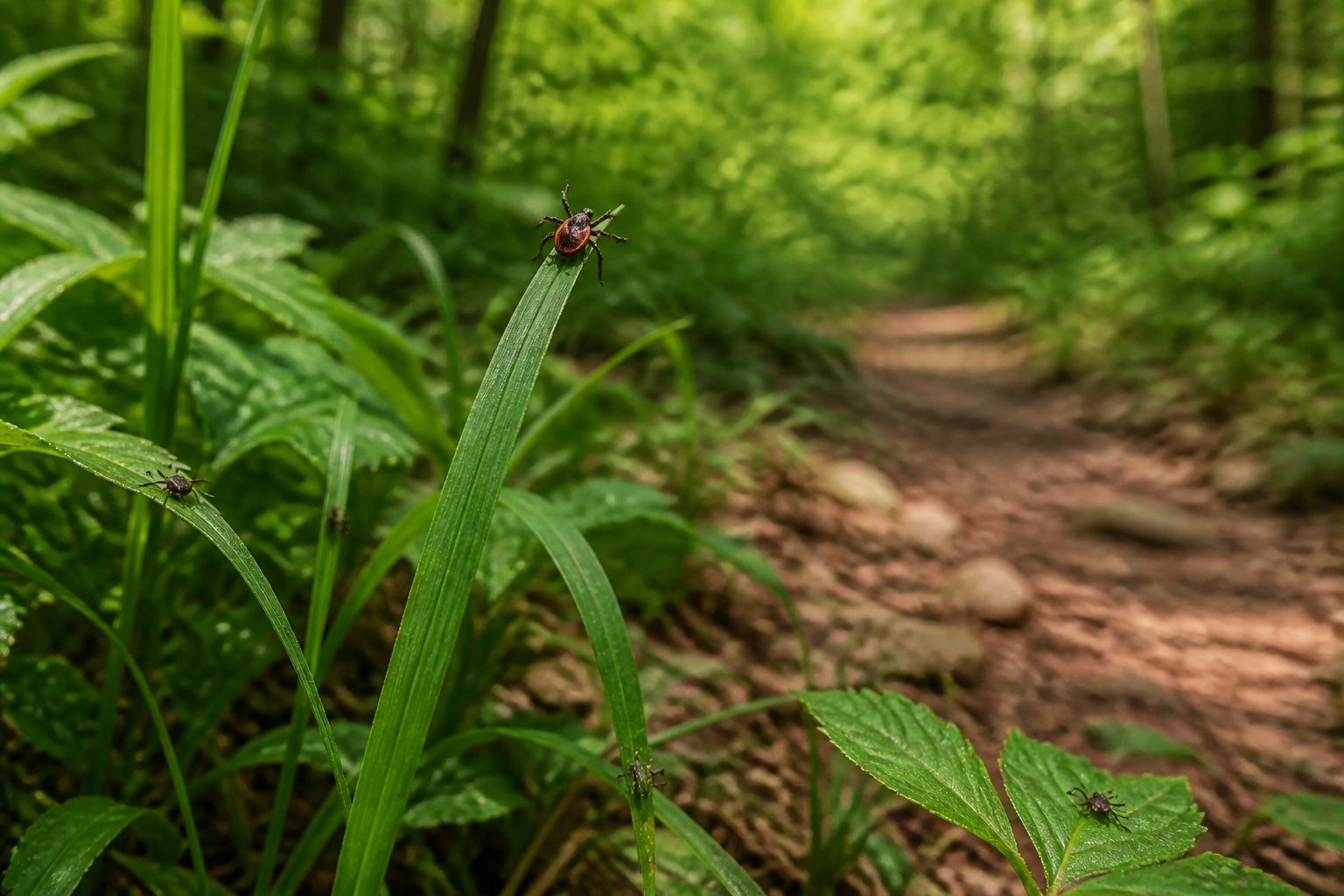 A tick rests on a blade of grass beside a lush woodland trail.