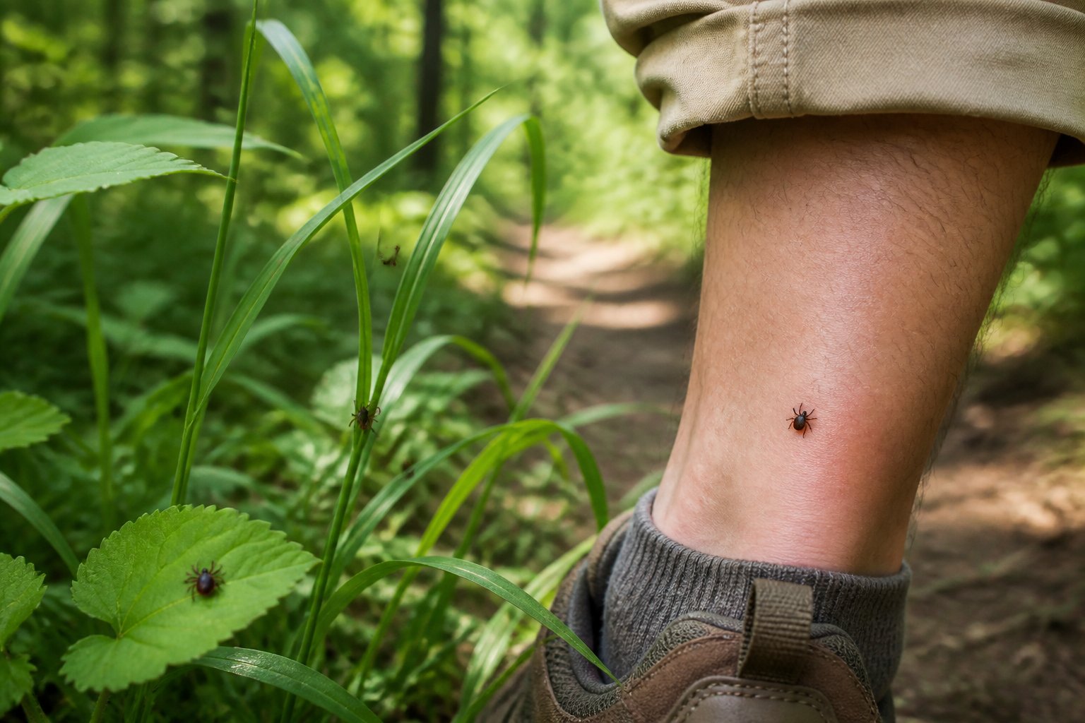 A tick attached near a hiker’s ankle, with several ticks visible on nearby grass.