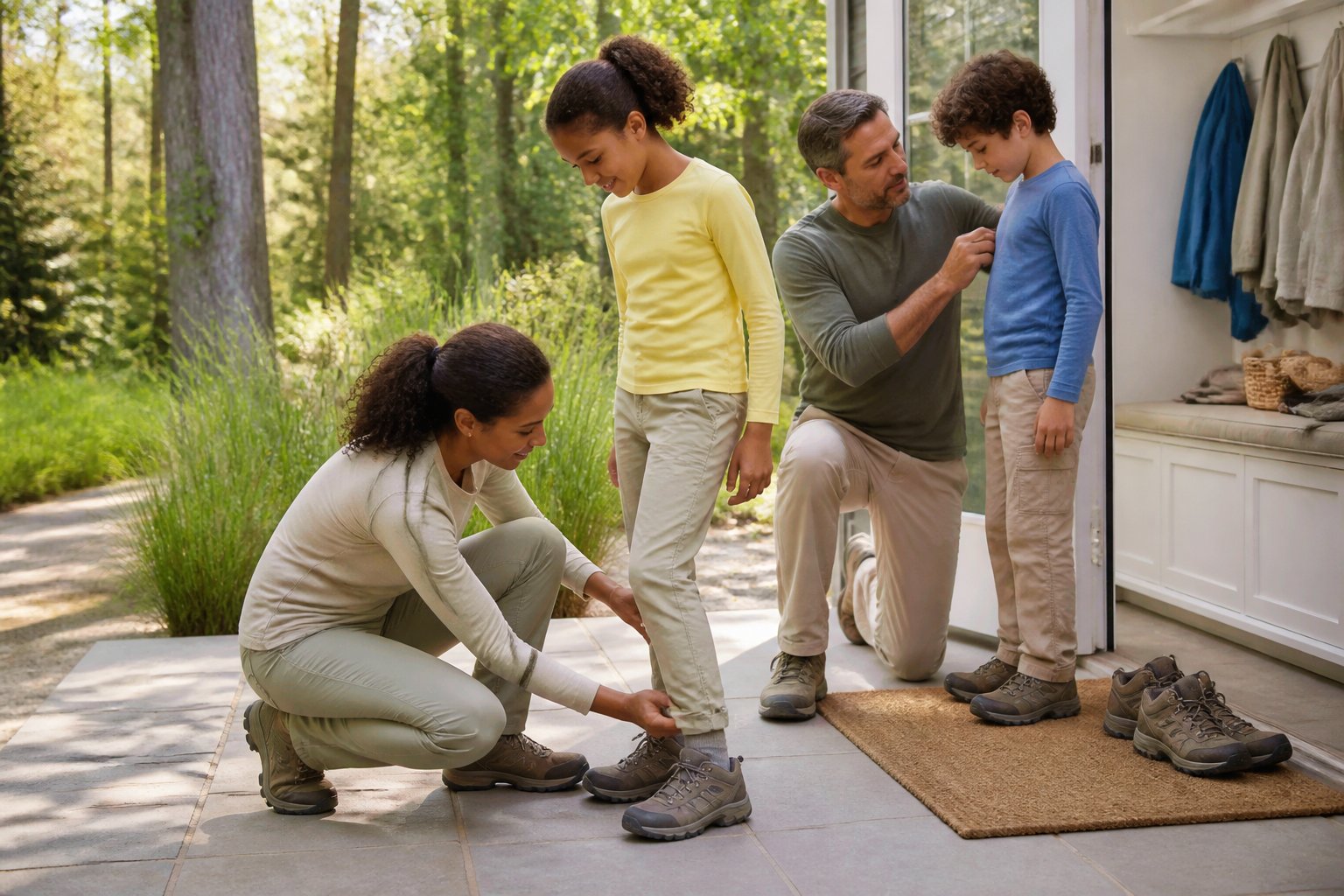 People check their clothing and skin for ticks after spending time outdoors near a home.