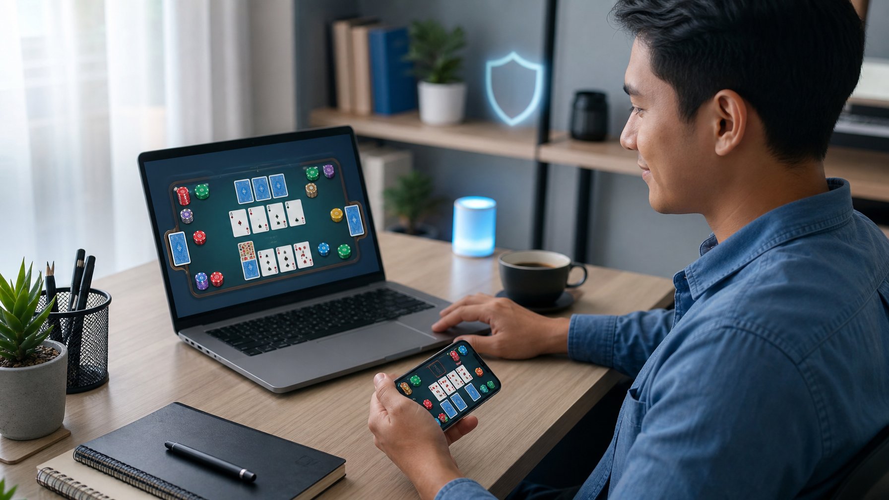 Orang dewasa menggunakan laptop dan ponsel untuk permainan kartu daring di meja kerja yang rapi.