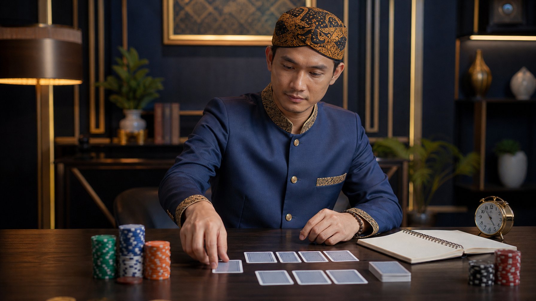 Seorang pemain duduk sebagai bandar, menata kartu dan keping permainan dengan fokus di meja permainan yang rapi.