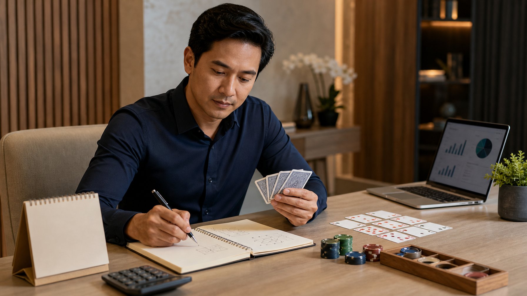 Seorang profesional Indonesia menata kartu dan meninjau catatan strategi di meja kerja.