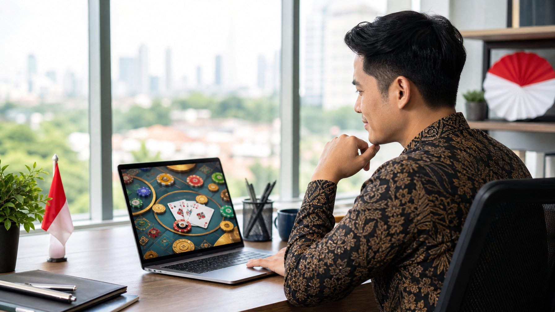 Seorang profesional Indonesia meninjau platform permainan daring di laptop pada meja kerja modern.