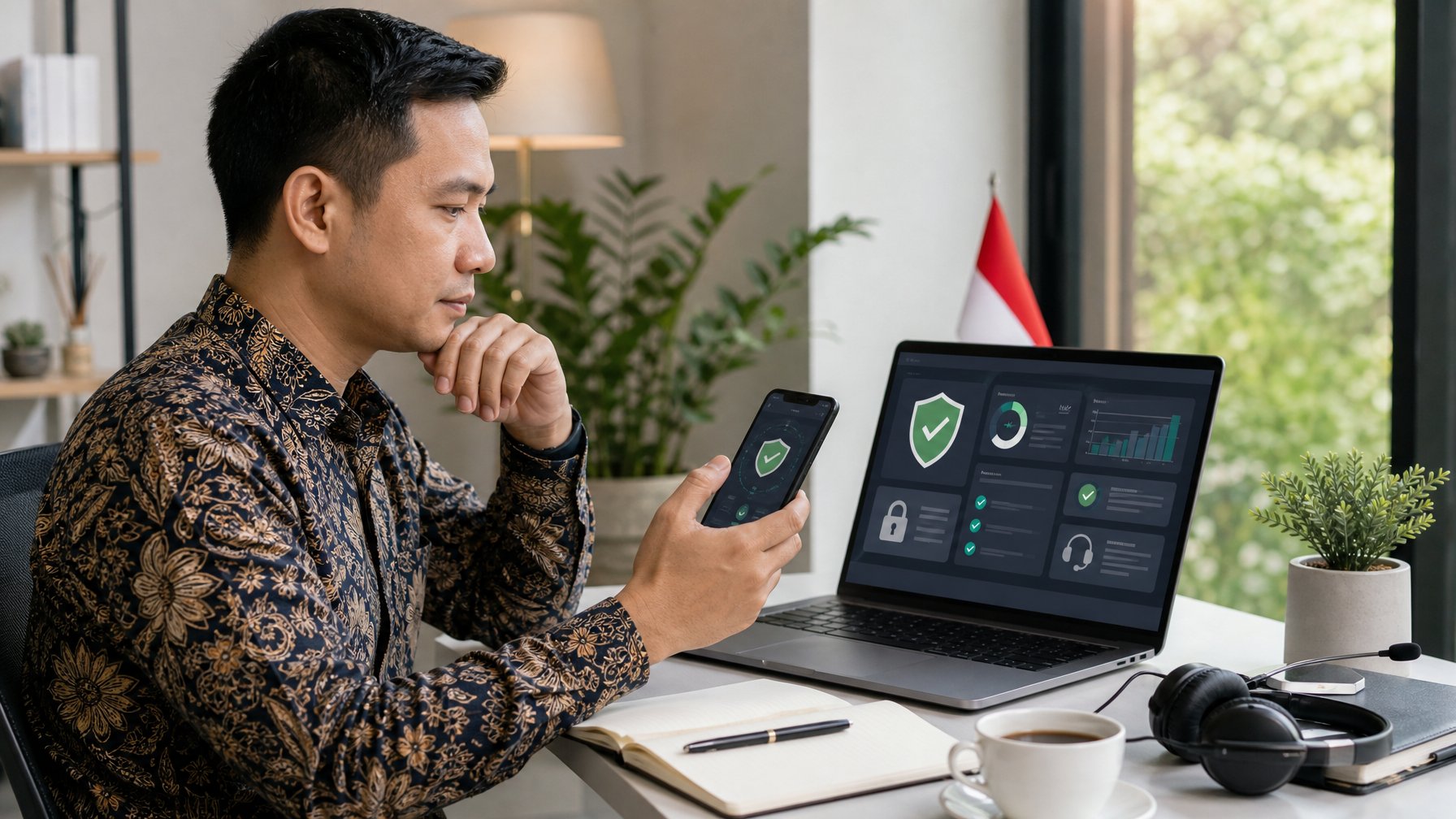 Profesional Indonesia menilai keamanan dan kredibilitas sebuah platform digital di ruang kerja modern.