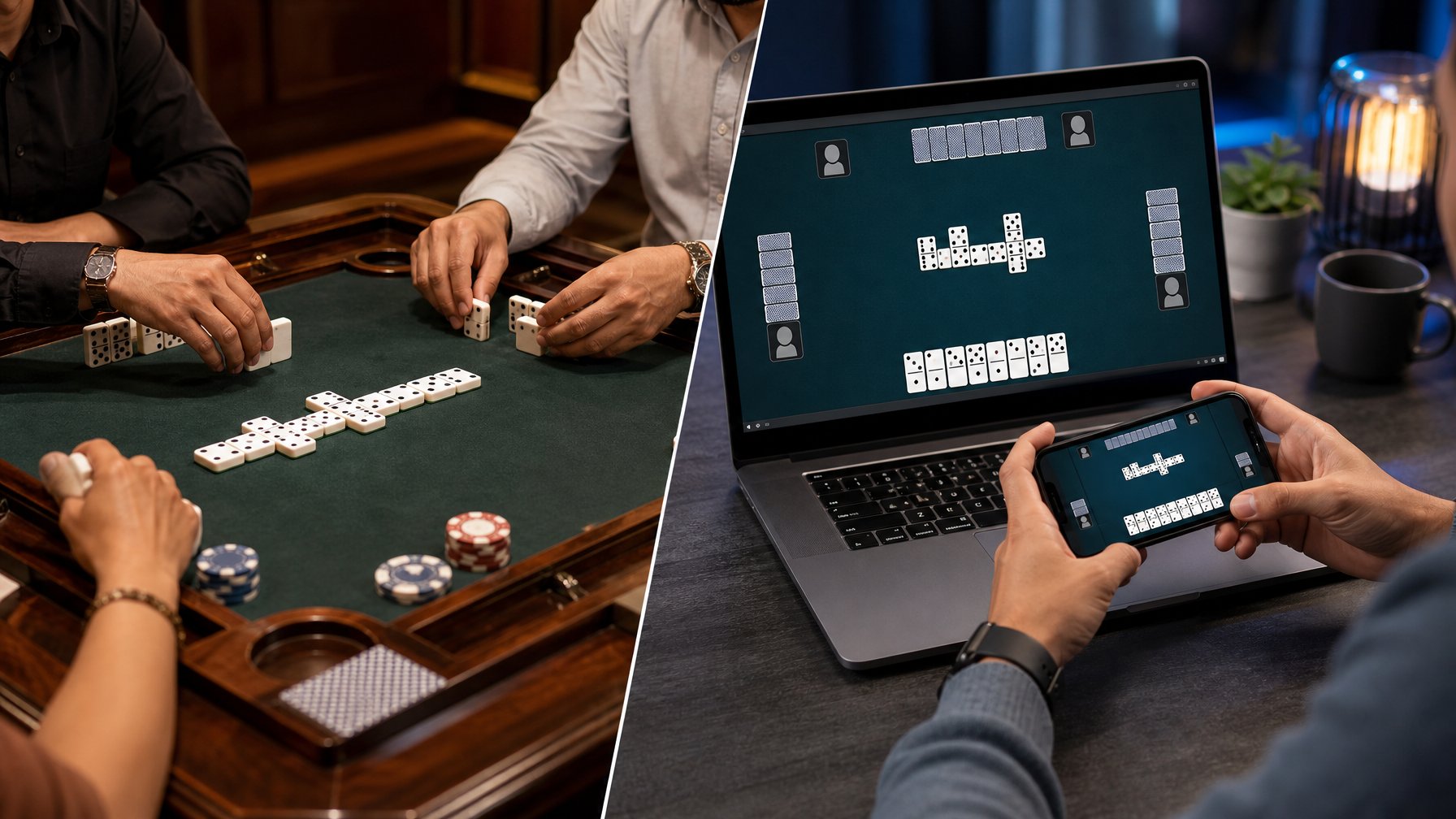 Perbandingan permainan domino tradisional dengan permainan domino daring melalui meja permainan dan perangkat digital.