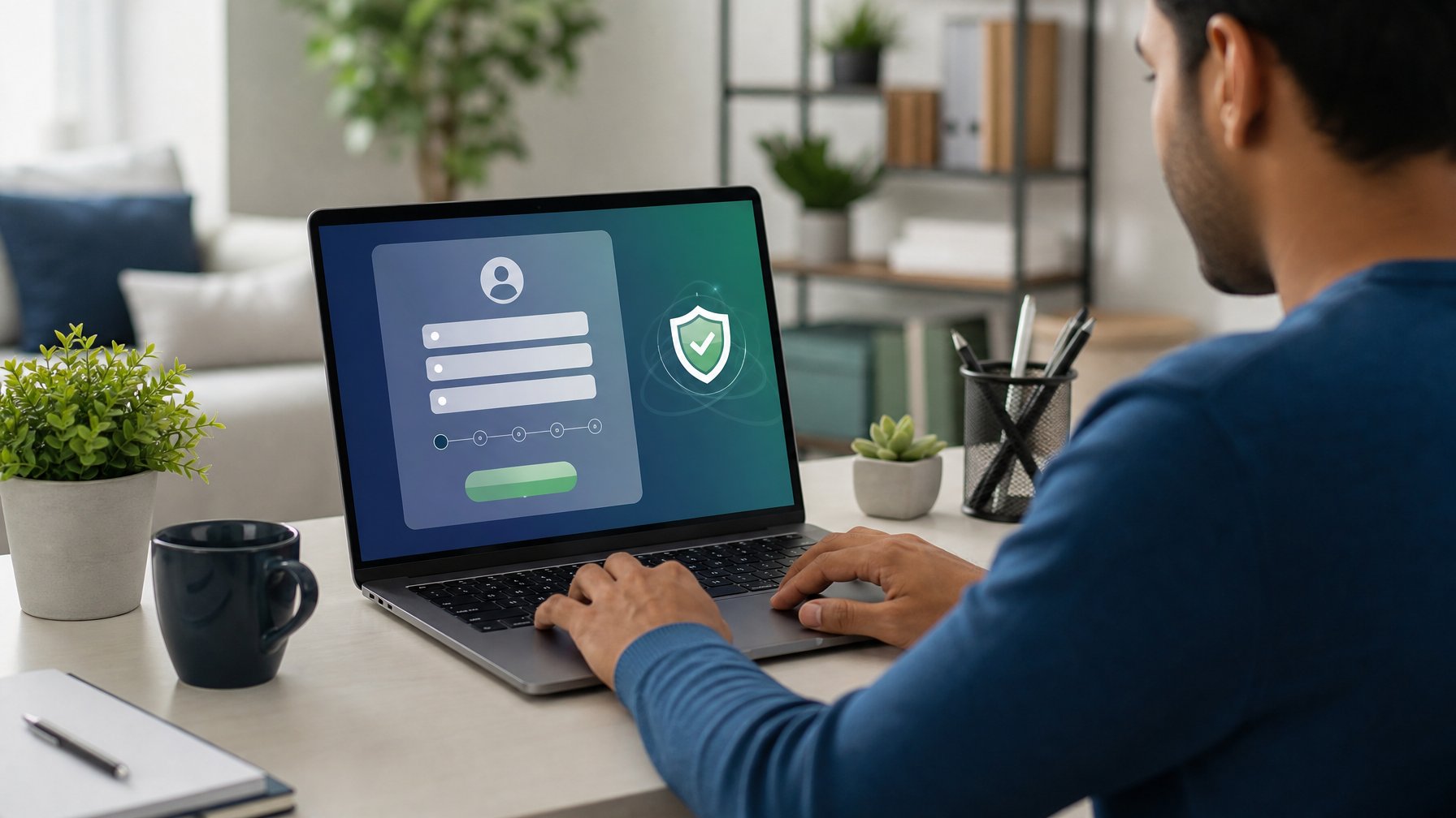 Seseorang menggunakan laptop dengan tampilan pendaftaran akun yang aman di meja kerja modern.