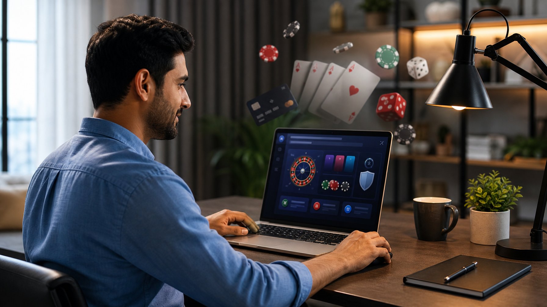 Seorang pemula mempelajari permainan kasino online di laptop dengan elemen kartu, dadu, dan chip di ruang kerja modern.