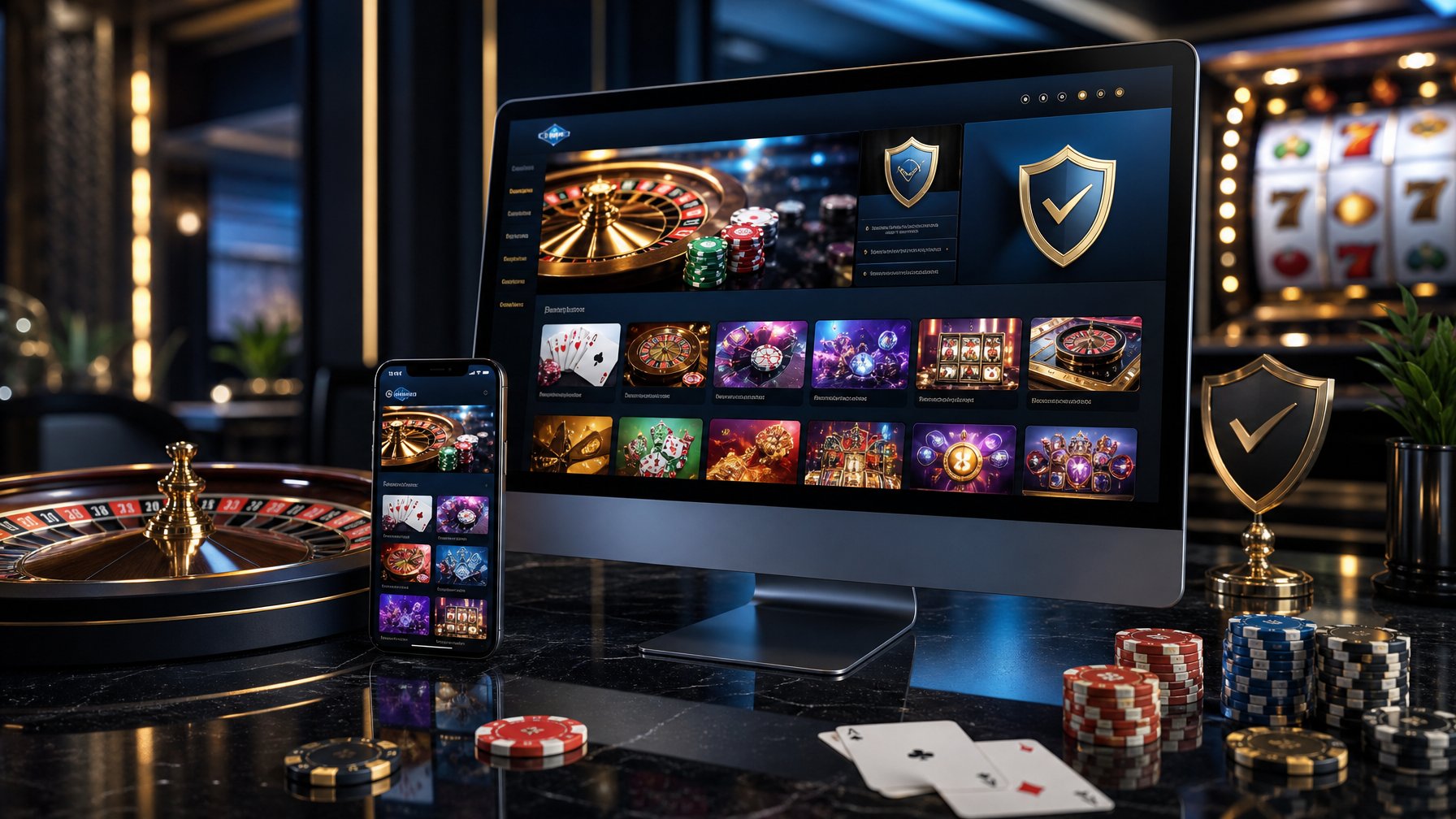 Perangkat komputer dan ponsel menampilkan berbagai permainan kasino digital di atas meja modern dengan roda roulette dan keping poker.