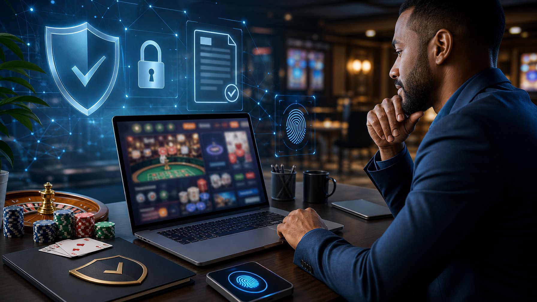 Profesional memeriksa platform kasino daring dengan simbol keamanan, verifikasi, dan perlindungan data.