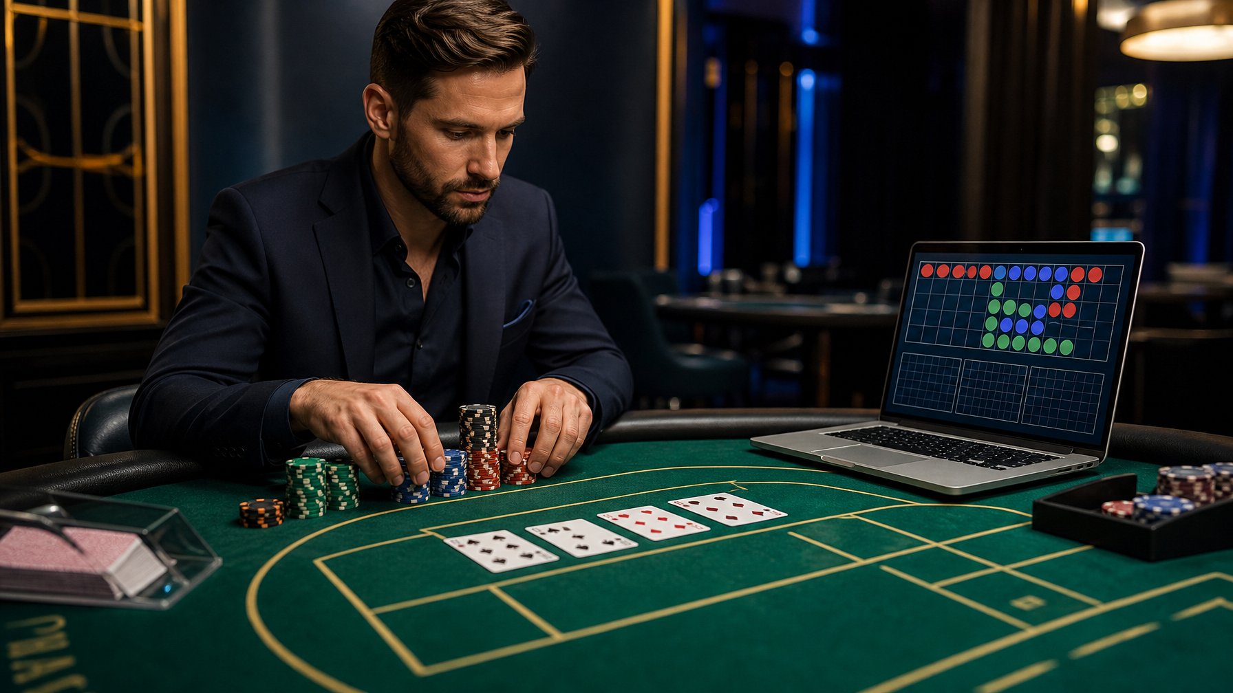 Seorang pemain dewasa mengamati meja baccarat dengan kartu dan keping kasino yang tersusun rapi di dekat laptop.