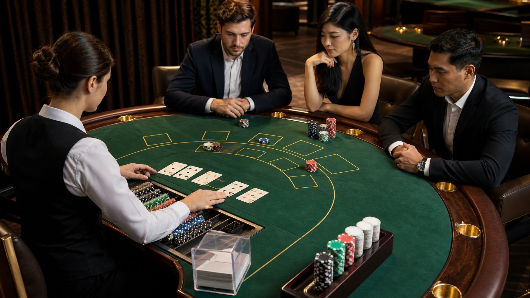 Meja baccarat di kasino modern dengan kartu, keping taruhan, dealer, dan pemain yang mengamati permainan dengan tenang.