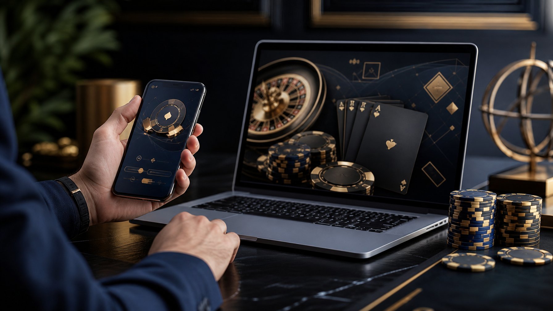 Tangan orang dewasa menggunakan laptop dan ponsel di meja dengan kartu, chip poker, dan roda roulette.