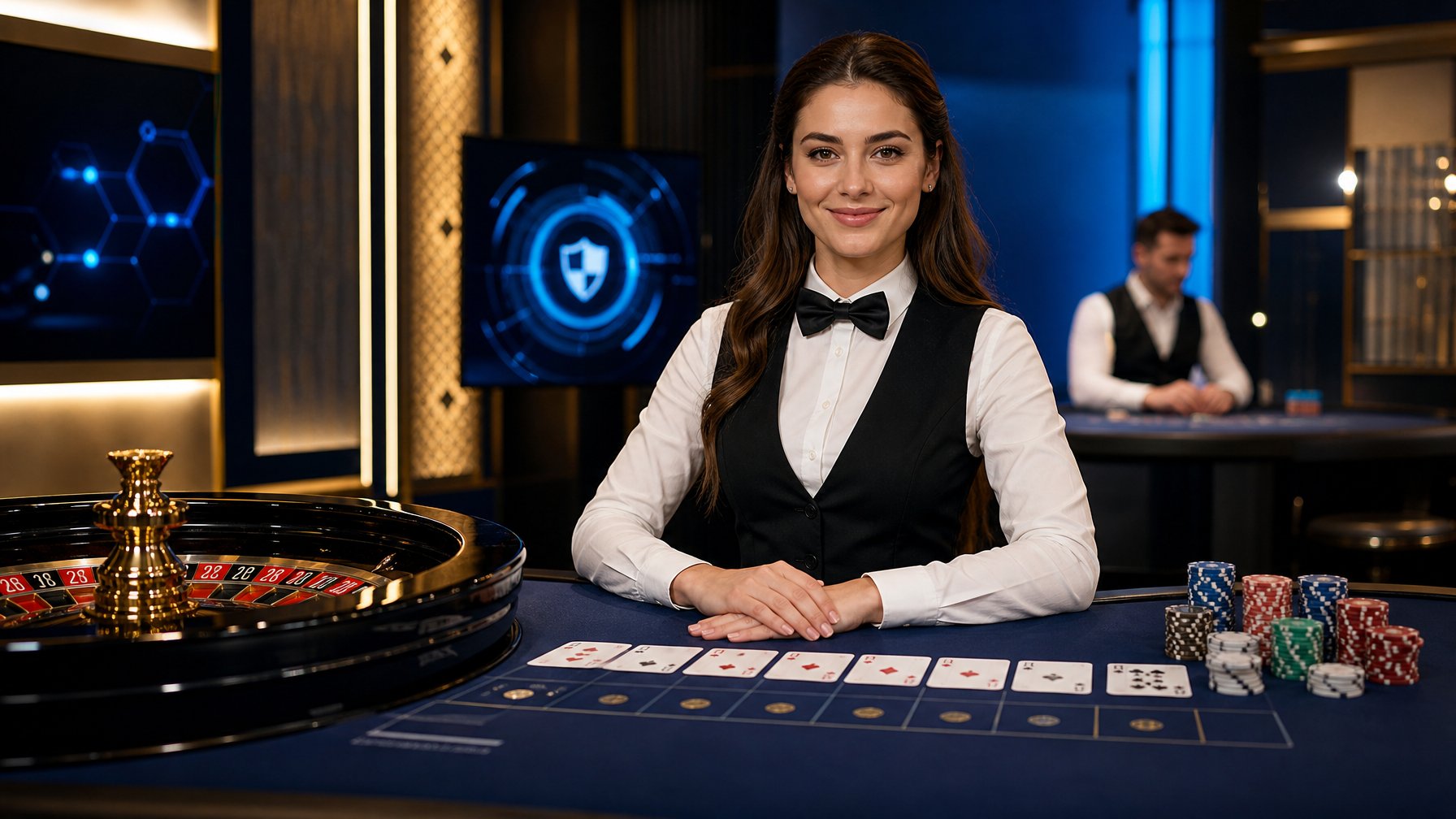 Seorang dealer profesional berada di studio kasino langsung dengan meja roulette, kartu, dan keping kasino.