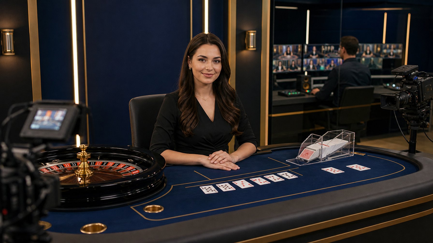 Dealer profesional memandu permainan roulette di studio kasino live yang modern dan tertata.