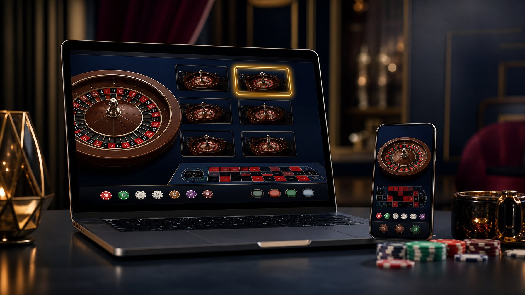 Laptop dan ponsel menampilkan meja roulette virtual dengan roda roulette dan keping taruhan.