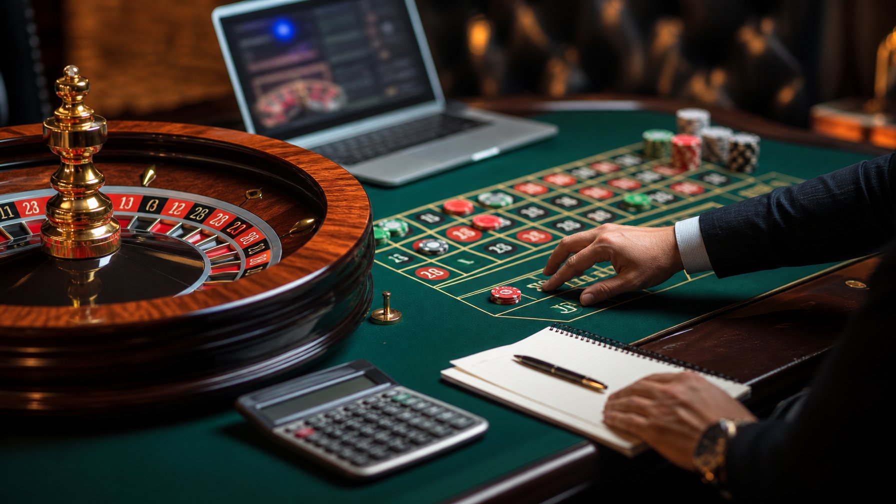 Tangan pemain menganalisis meja roulette dengan roda, keping taruhan, dan perangkat digital di lingkungan kasino elegan.