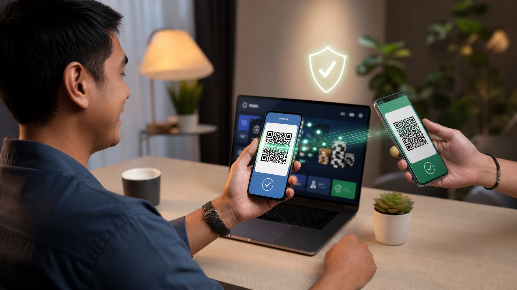 Orang dewasa menggunakan ponsel untuk memindai kode QR pembayaran di samping laptop dan perangkat dompet digital.