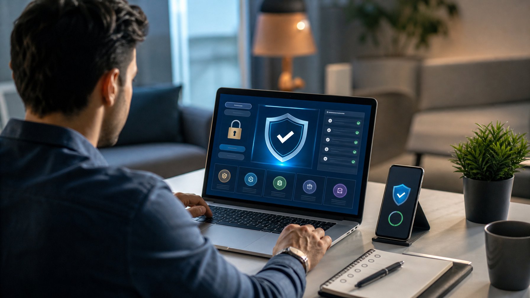 Seseorang memeriksa platform kasino online dengan simbol keamanan di laptop dan ponsel.