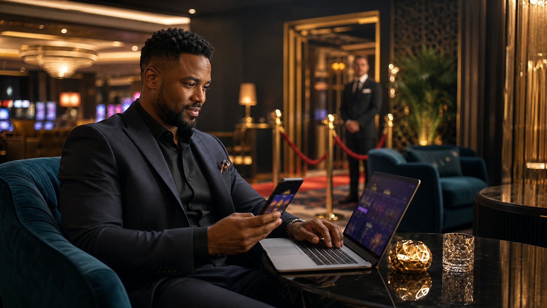 Anggota VIP menikmati layanan eksklusif di lounge kasino online mewah sambil menggunakan laptop.