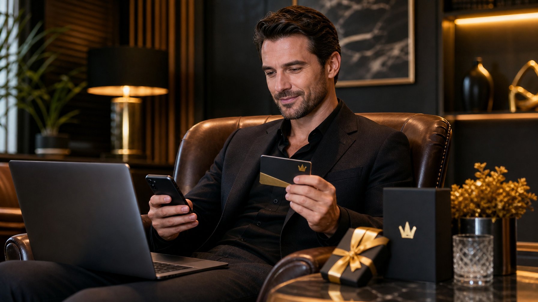 Pelanggan menikmati suasana lounge eksklusif sambil menggunakan laptop dan ponsel dengan aksen penghargaan VIP.