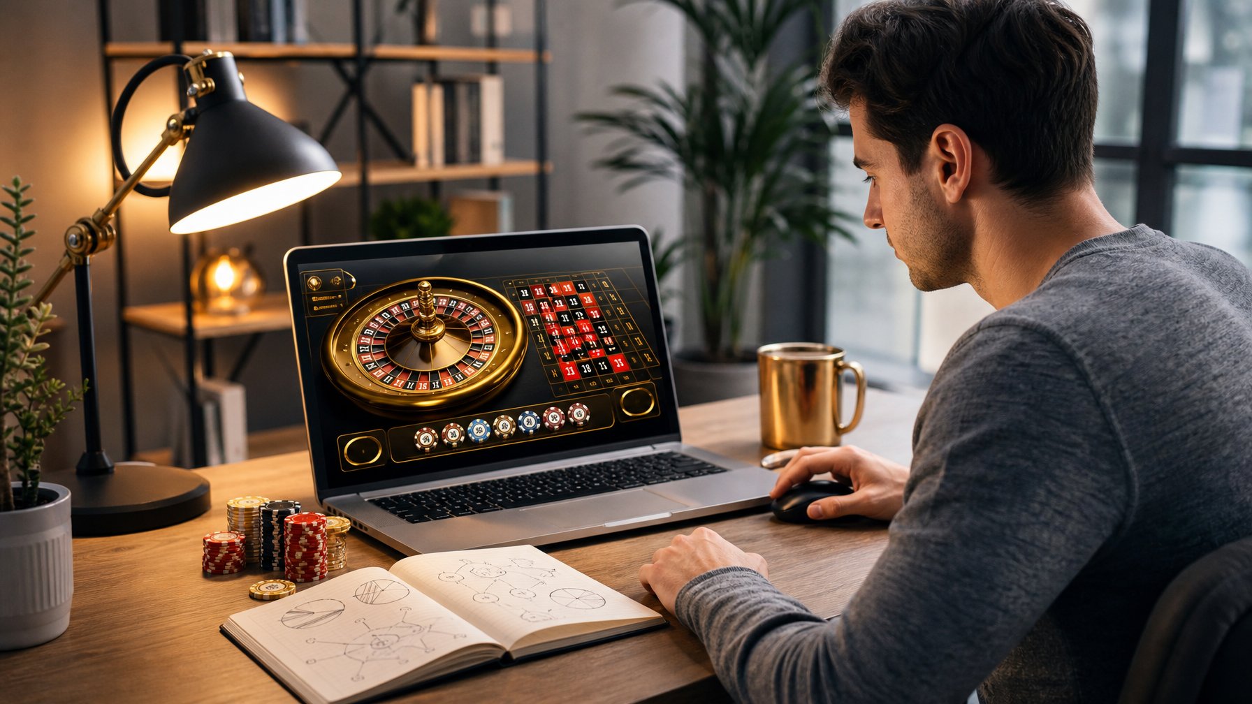 Pemula mempelajari permainan roulette emas online melalui laptop di meja kerja modern.