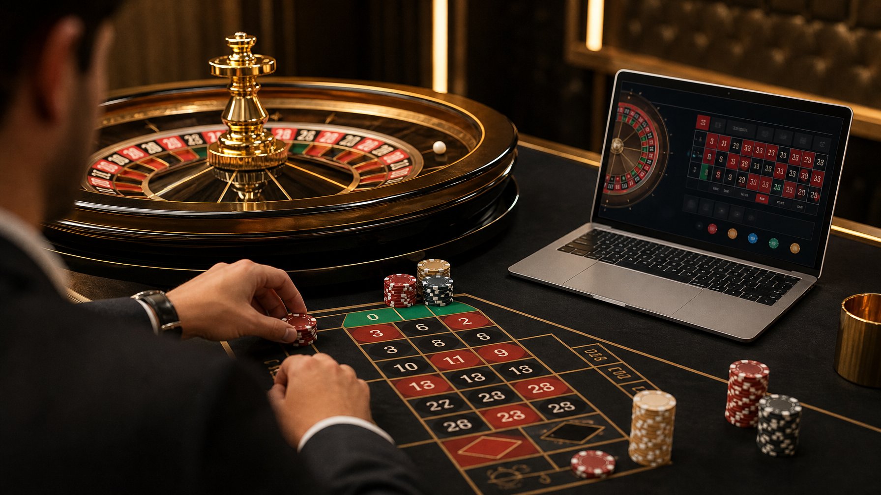 Seseorang memainkan roulette dengan roda emas, keping taruhan, dan laptop di meja kasino.